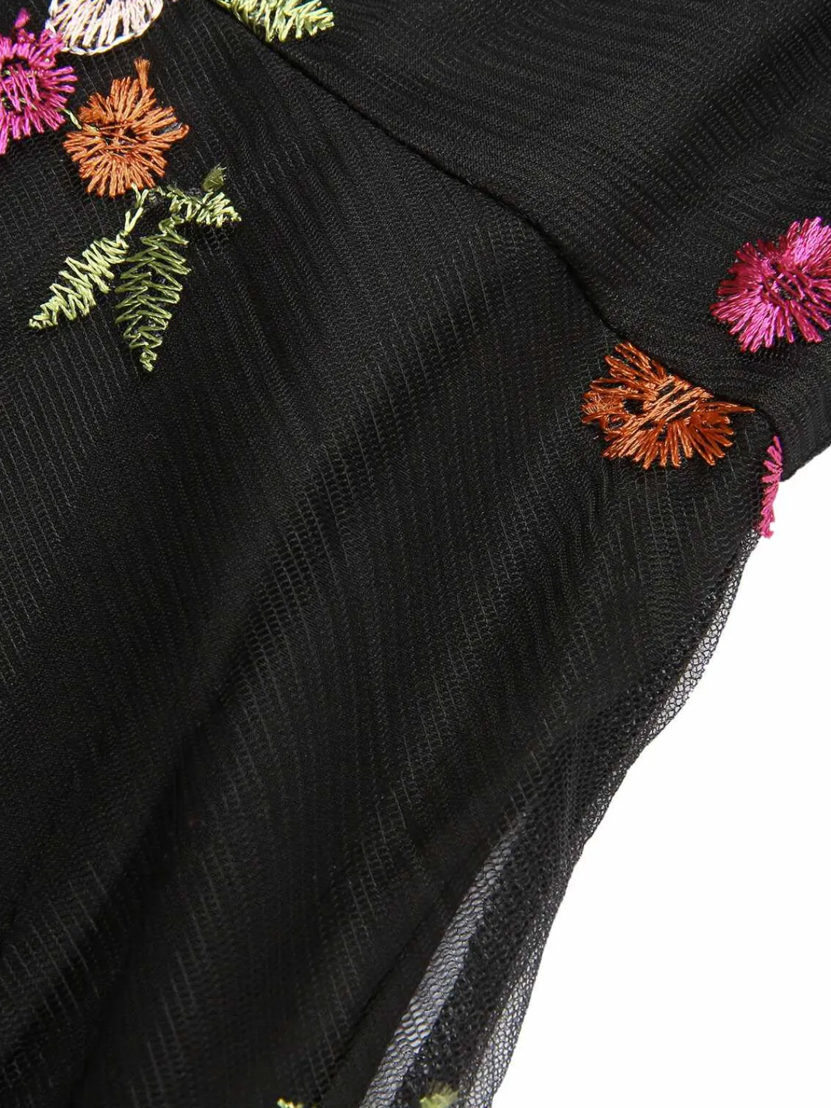 Outlet Retro Stage 1970s Floral Embroidered Mesh Strap Dress Black
