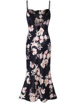 Outlet Retro Stage 1930s Floral Faux Satin Straps Nightgown Black