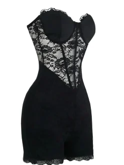 Clearance Retro Stage 1960s Floral Lace Bandeau Romper Black