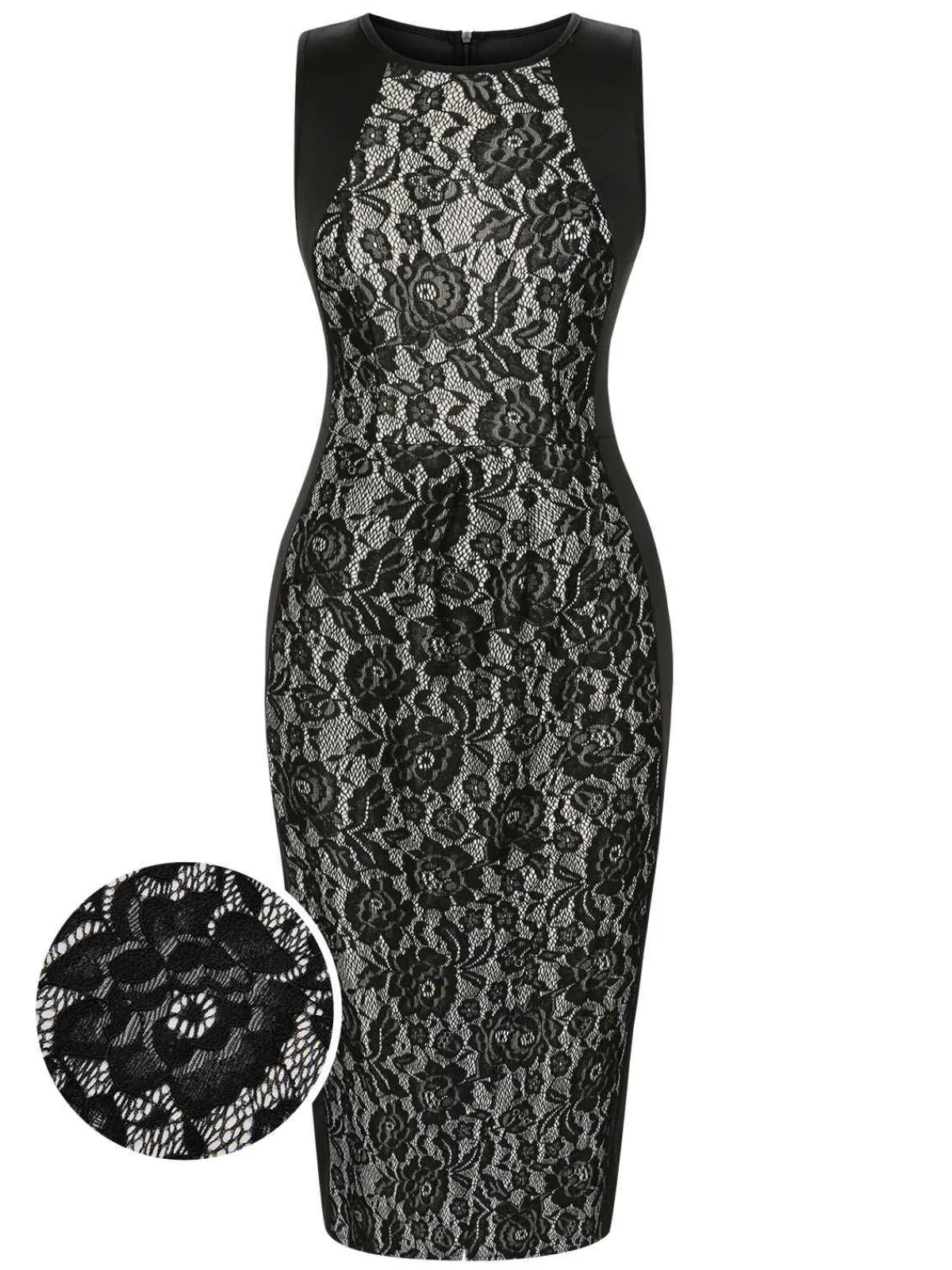 Online Retro Stage 1960s Floral Lace Slit Sleeveless Dress Black