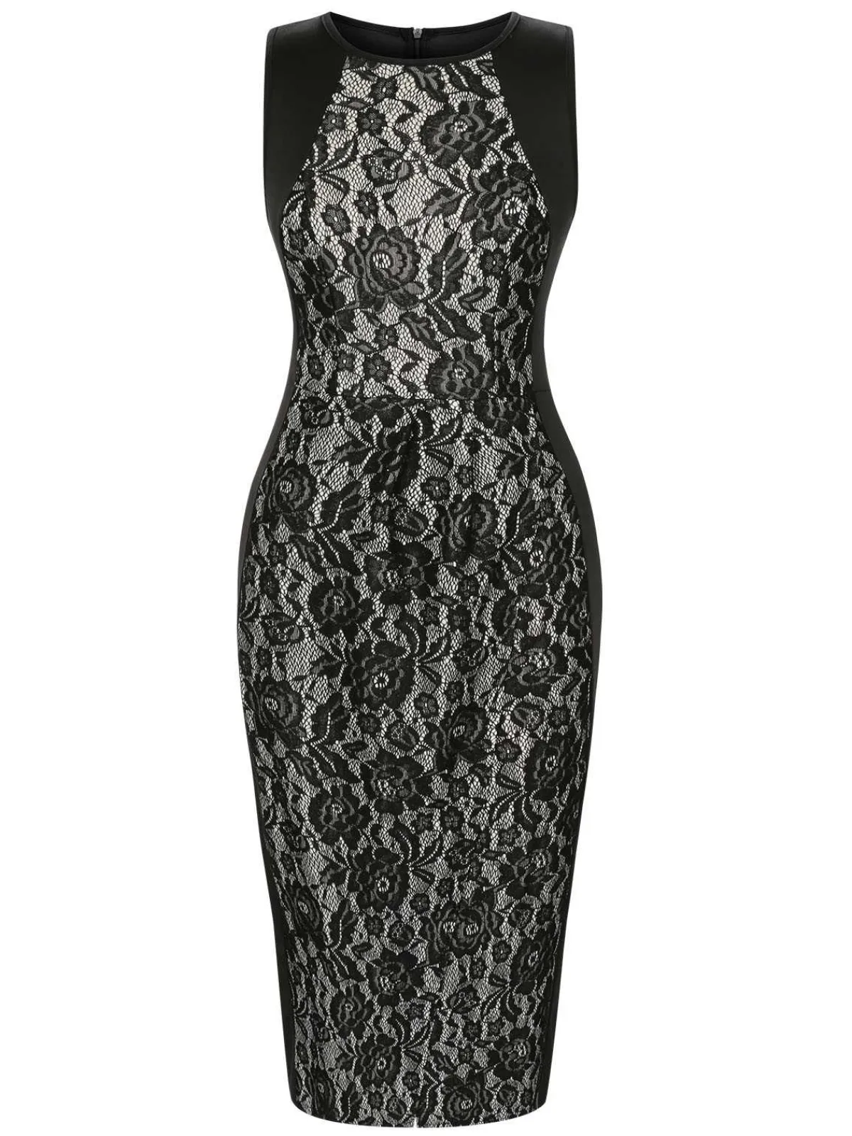 Online Retro Stage 1960s Floral Lace Slit Sleeveless Dress Black
