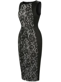 Online Retro Stage 1960s Floral Lace Slit Sleeveless Dress Black