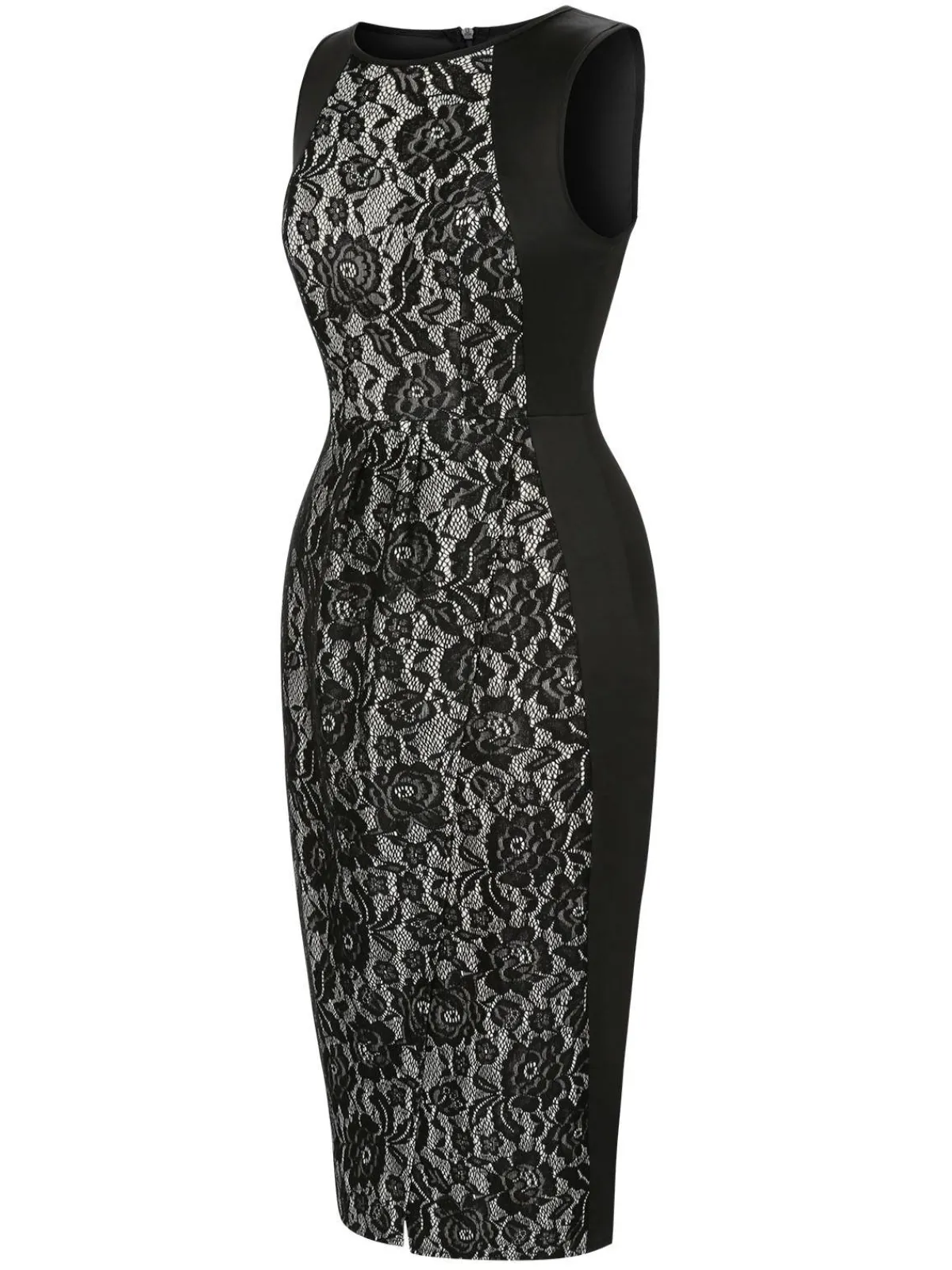 Online Retro Stage 1960s Floral Lace Slit Sleeveless Dress Black