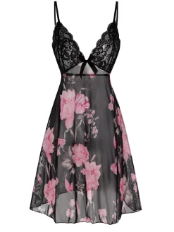 Sale Retro Stage 1960s Floral Lace Straps Nightdress Black