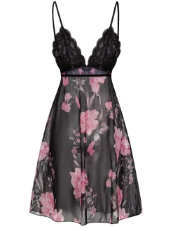Sale Retro Stage 1960s Floral Lace Straps Nightdress Black