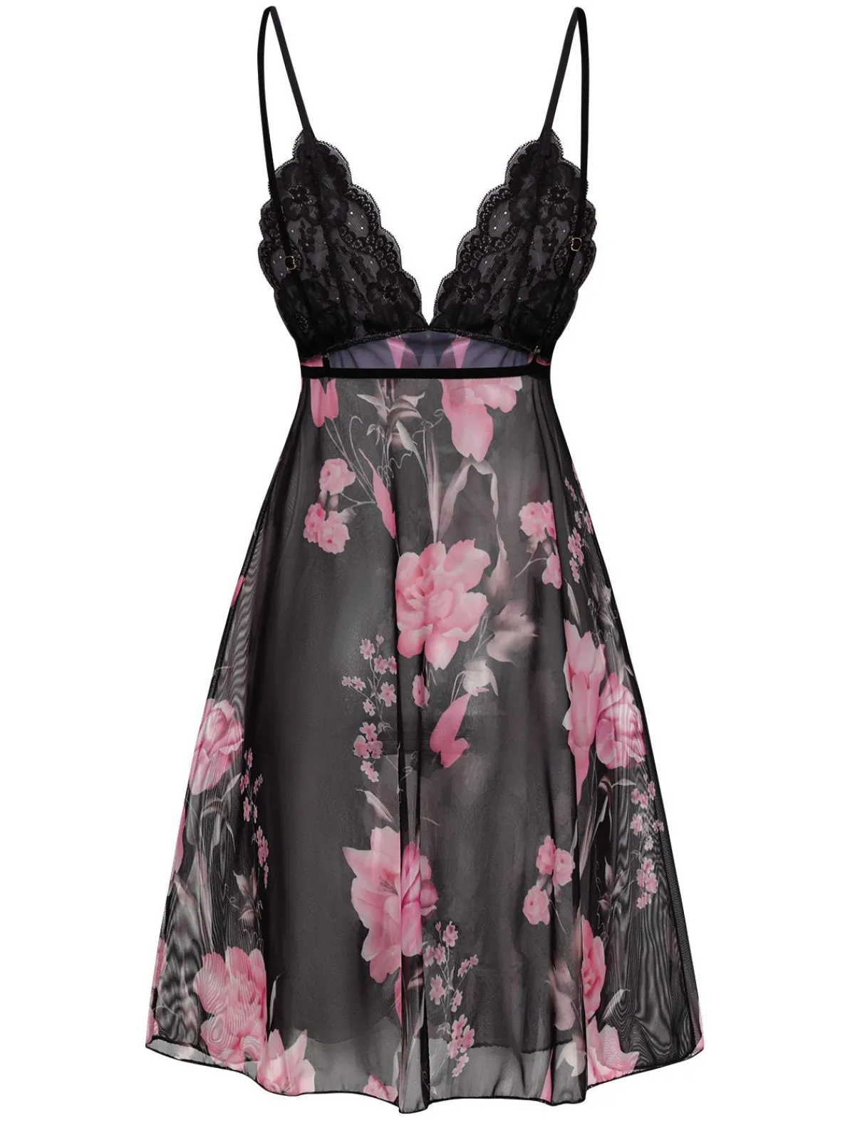 Sale Retro Stage 1960s Floral Lace Straps Nightdress Black