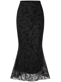 Outlet Retro Stage 1930s Floral Mesh Mermaid Skirt Black
