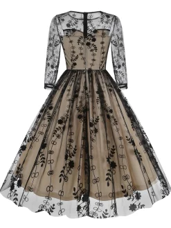 Hot Retro Stage 1950s Floral Mesh Patchwork Dress Black