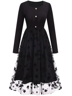 Fashion Retro Stage 1950s Floral Mesh Patchwork Dress Black