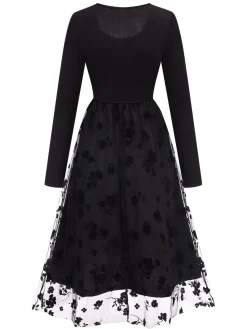 Fashion Retro Stage 1950s Floral Mesh Patchwork Dress Black