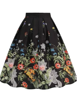Best Retro Stage 1950s Floral Pleated Swing Skirt Black