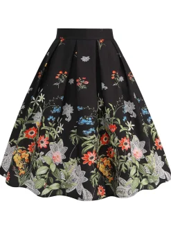 Best Retro Stage 1950s Floral Pleated Swing Skirt Black