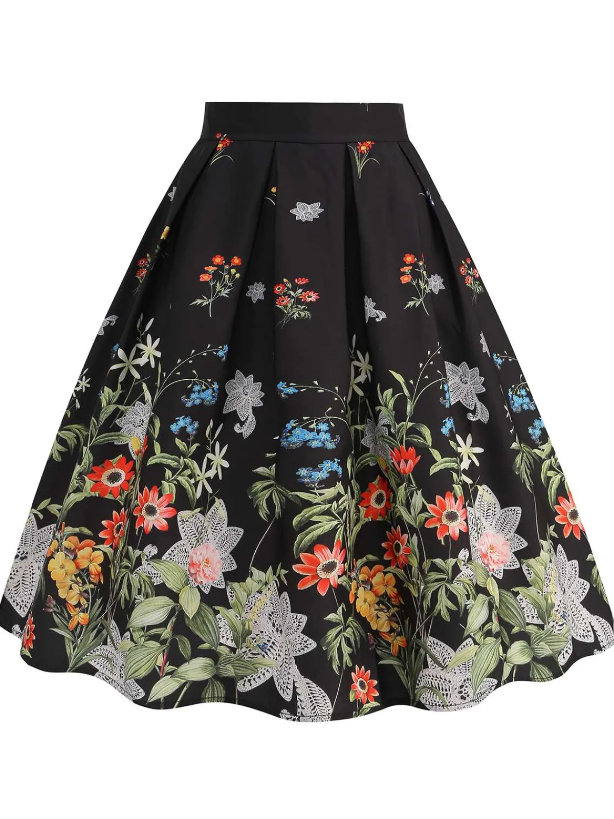 Best Retro Stage 1950s Floral Pleated Swing Skirt Black