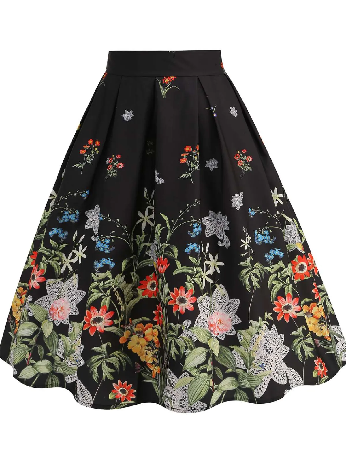 Best Retro Stage 1950s Floral Pleated Swing Skirt Black