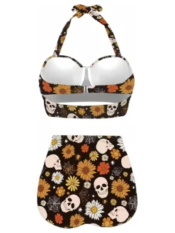 Hot Retro Stage 1950s Floral Print Lace-Up Halter Swimsuit Black