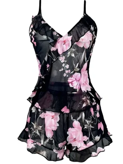 Discount Retro Stage 1930s Floral Ruffled V-Neck Pajama Set Black