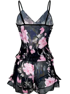 Discount Retro Stage 1930s Floral Ruffled V-Neck Pajama Set Black