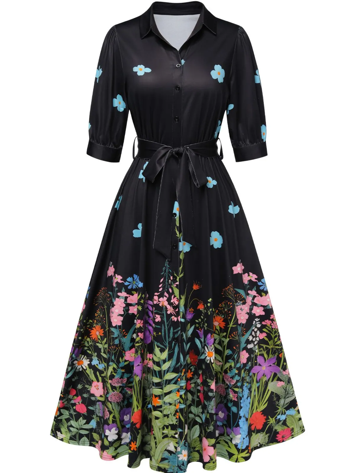 Discount Retro Stage Black 1940s Floral Shirt Neck Belt Dress