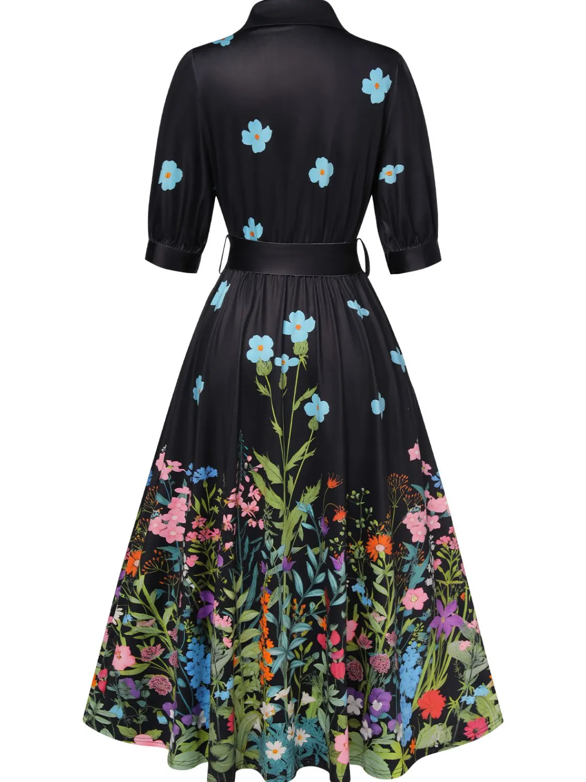 Discount Retro Stage Black 1940s Floral Shirt Neck Belt Dress