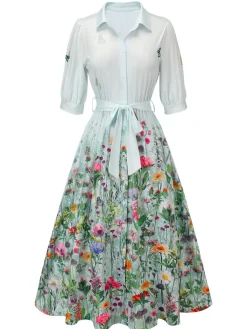 Discount Retro Stage Black 1940s Floral Shirt Neck Belt Dress