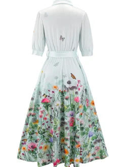 Discount Retro Stage Black 1940s Floral Shirt Neck Belt Dress