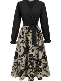Clearance Retro Stage 1940s Floral Silhouette Long Sleeved Dress Black