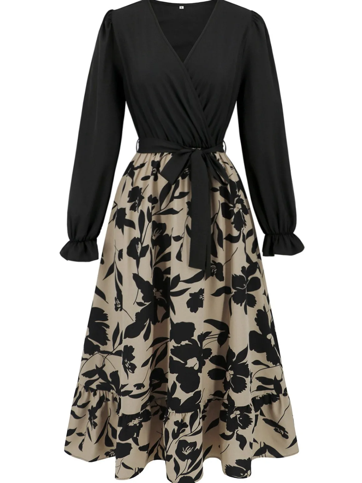 Clearance Retro Stage 1940s Floral Silhouette Long Sleeved Dress Black