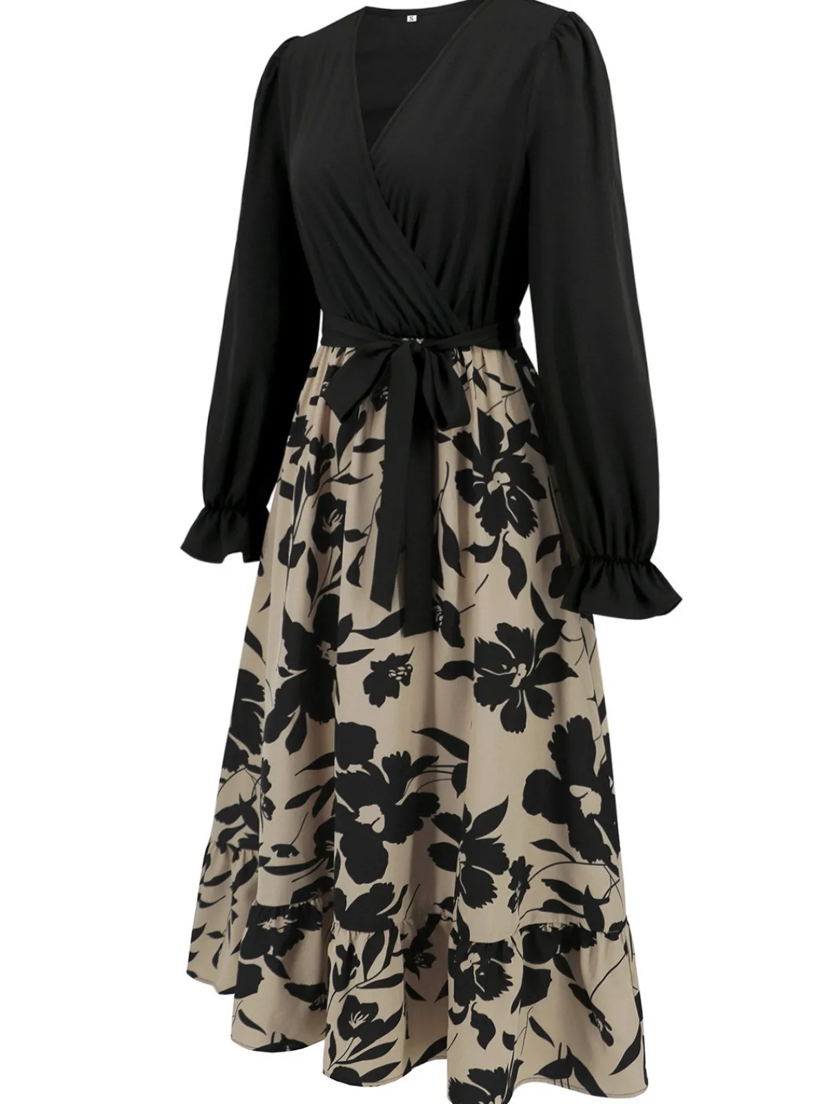 Clearance Retro Stage 1940s Floral Silhouette Long Sleeved Dress Black