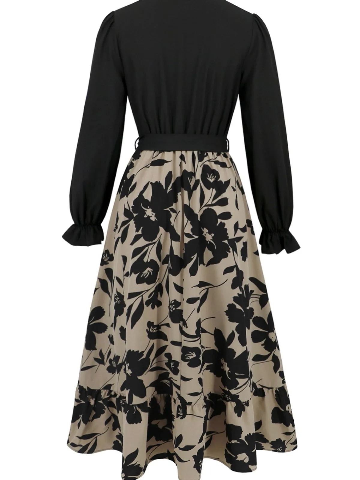 Clearance Retro Stage 1940s Floral Silhouette Long Sleeved Dress Black