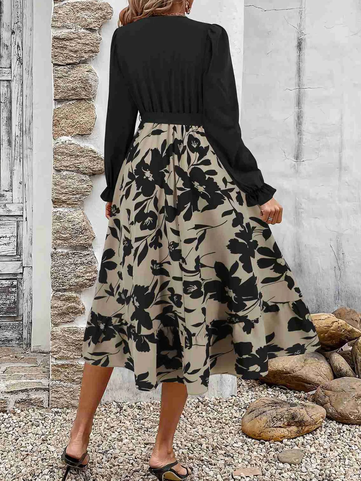 Clearance Retro Stage 1940s Floral Silhouette Long Sleeved Dress Black