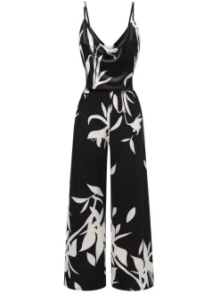 Clearance Retro Stage 1950s Floral Silhouette Cowl Neck Jumpsuit Black