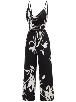 Clearance Retro Stage 1950s Floral Silhouette Cowl Neck Jumpsuit Black
