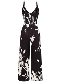 Clearance Retro Stage 1950s Floral Silhouette Cowl Neck Jumpsuit Black