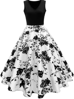 Discount Retro Stage Black 1950s Floral Swing Dress