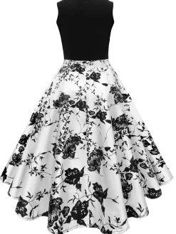 Discount Retro Stage Black 1950s Floral Swing Dress