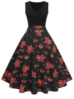 Discount Retro Stage Black 1950s Floral Swing Dress