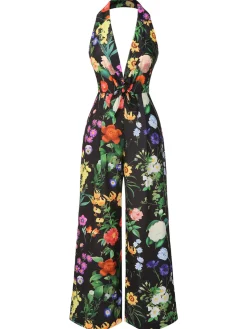 Clearance Retro Stage 1930s Floral V-Neck Halter Jumpsuit Black