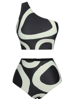 Sale Retro Stage 1950s Geometric One-Shoulder Swimsuit Black