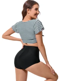 Clearance Retro Stage 1930s Gingham Plaid Bow Ruched Swimsuit Black