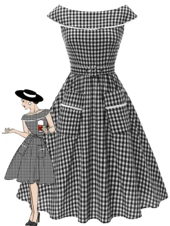 New Retro Stage 1950s Gingham Plaid Lace Trim Belted Dress Black