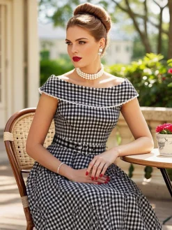 New Retro Stage 1950s Gingham Plaid Lace Trim Belted Dress Black