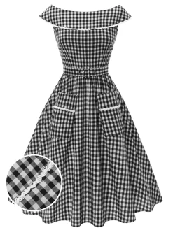 New Retro Stage 1950s Gingham Plaid Lace Trim Belted Dress Black
