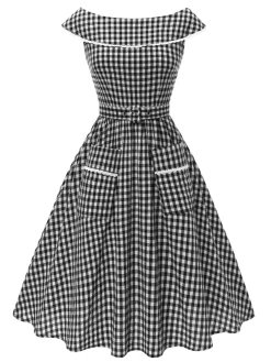 New Retro Stage 1950s Gingham Plaid Lace Trim Belted Dress Black