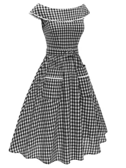New Retro Stage 1950s Gingham Plaid Lace Trim Belted Dress Black