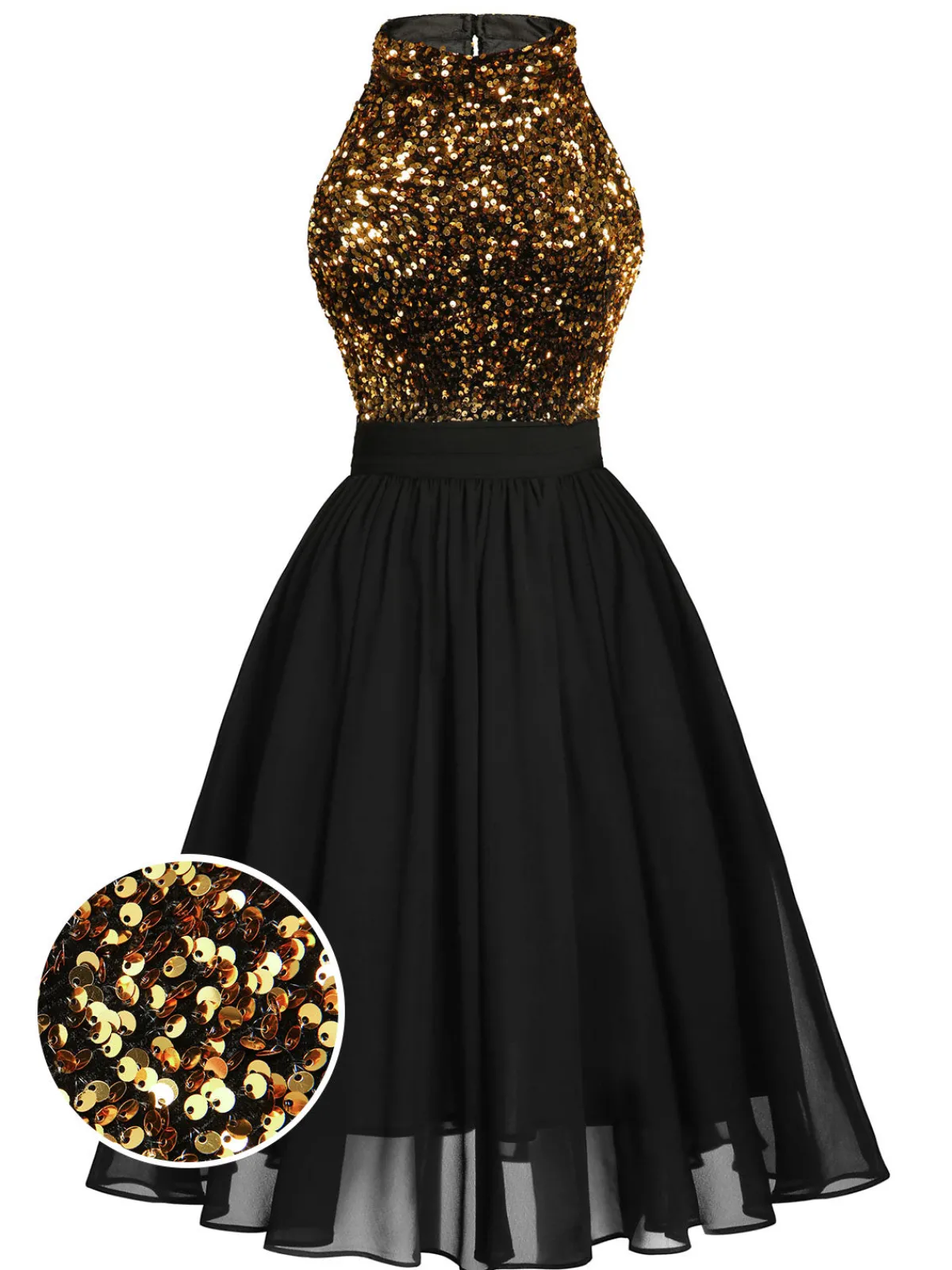 Fashion Retro Stage Black 1950s Gold Glitter Patchwork Dress