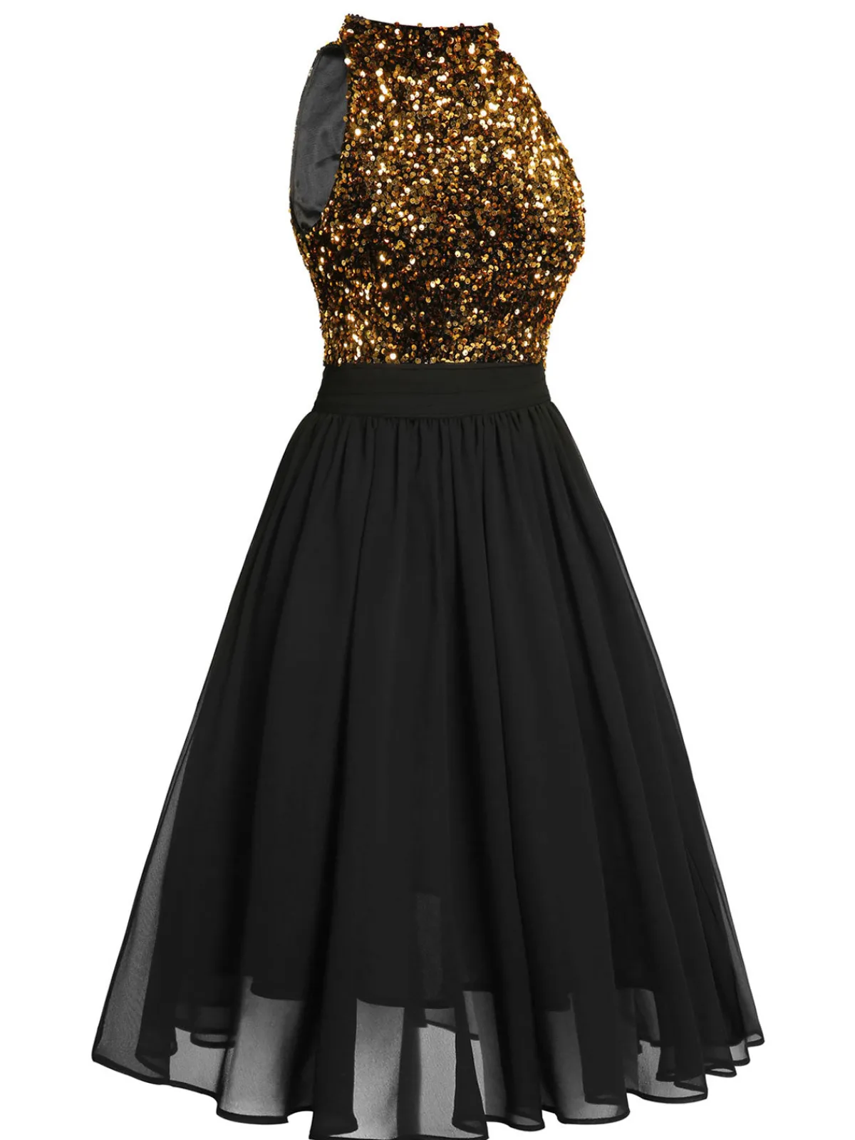 Fashion Retro Stage Black 1950s Gold Glitter Patchwork Dress