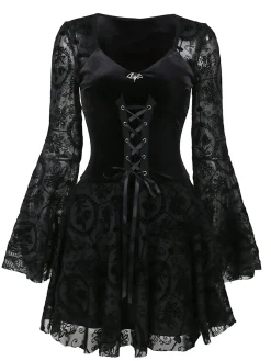 Online Retro Stage 1960s Gothic Flocked Dress Black