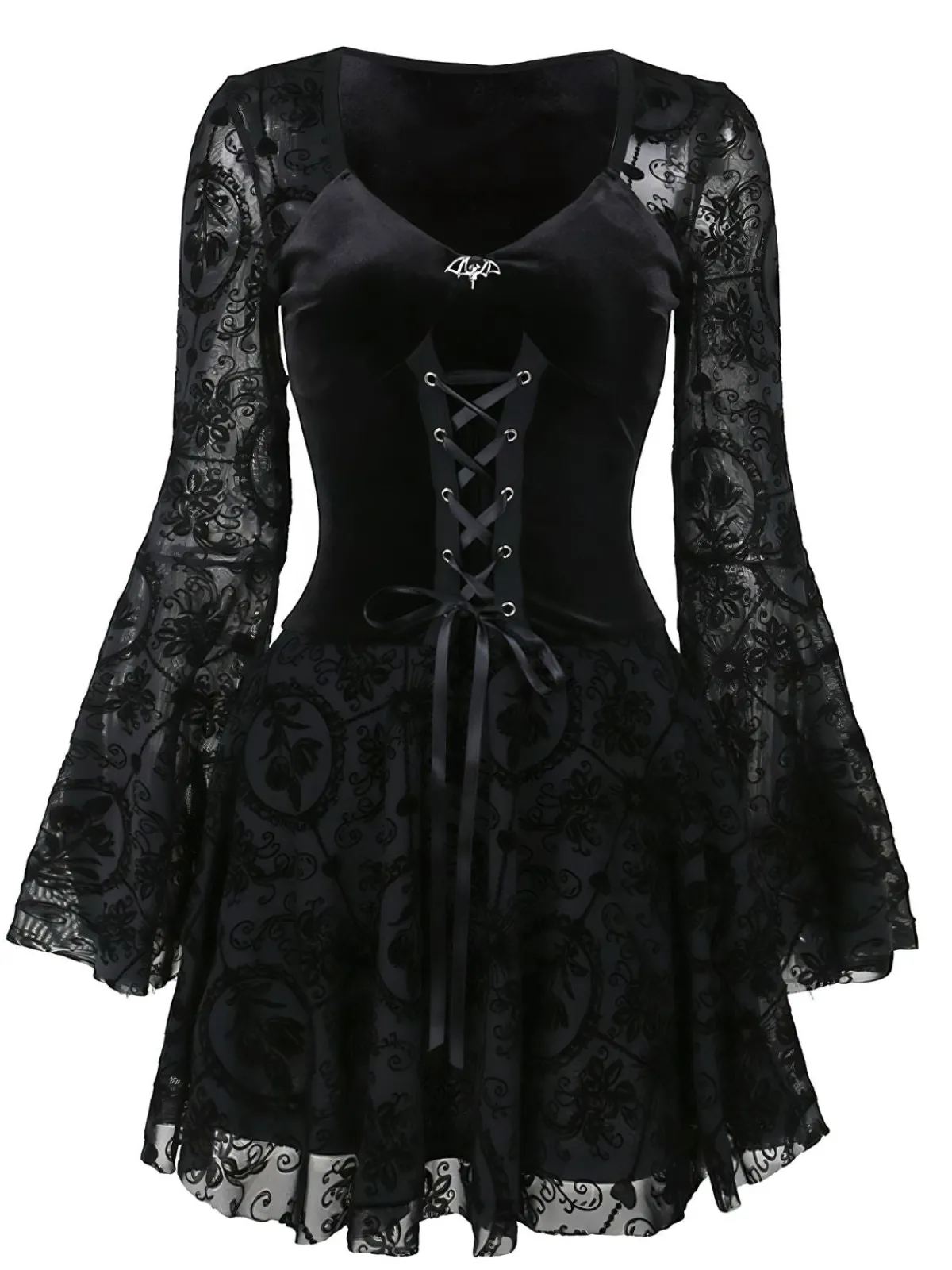 Online Retro Stage 1960s Gothic Flocked Dress Black