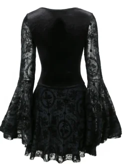 Online Retro Stage 1960s Gothic Flocked Dress Black