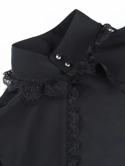 Online Retro Stage 1980s Gothic Lace Stand Collar Top Black